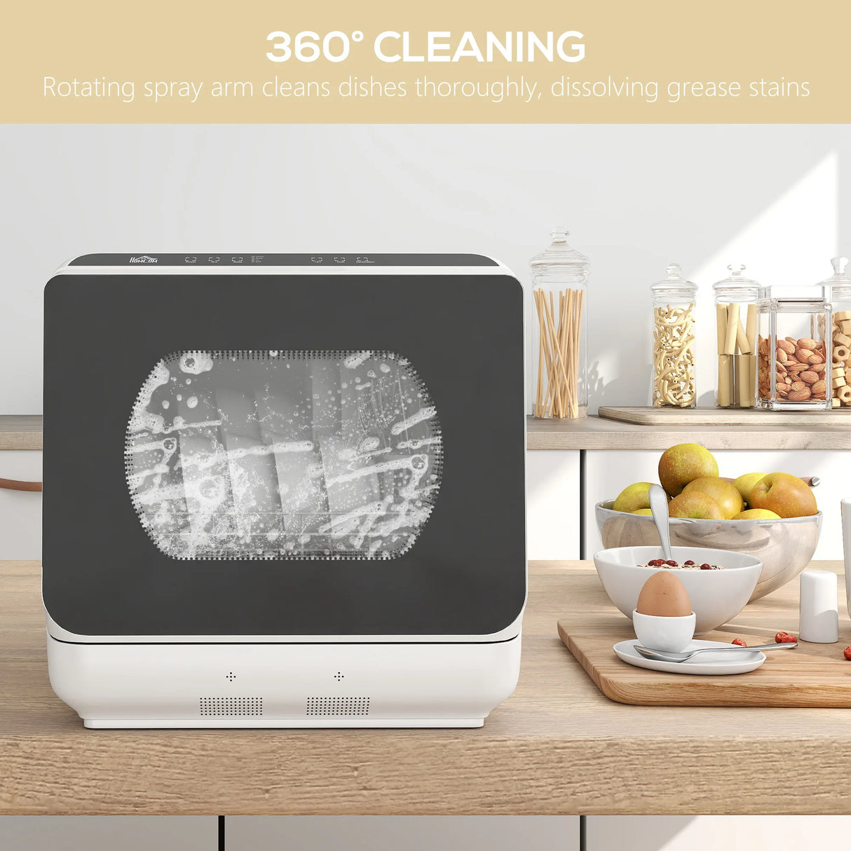 HOMCOM Table Top Dishwasher with 6L Water Tank, Mini Countertop Dishwasher with 6 Programs, 4 Place Settings, Black and White