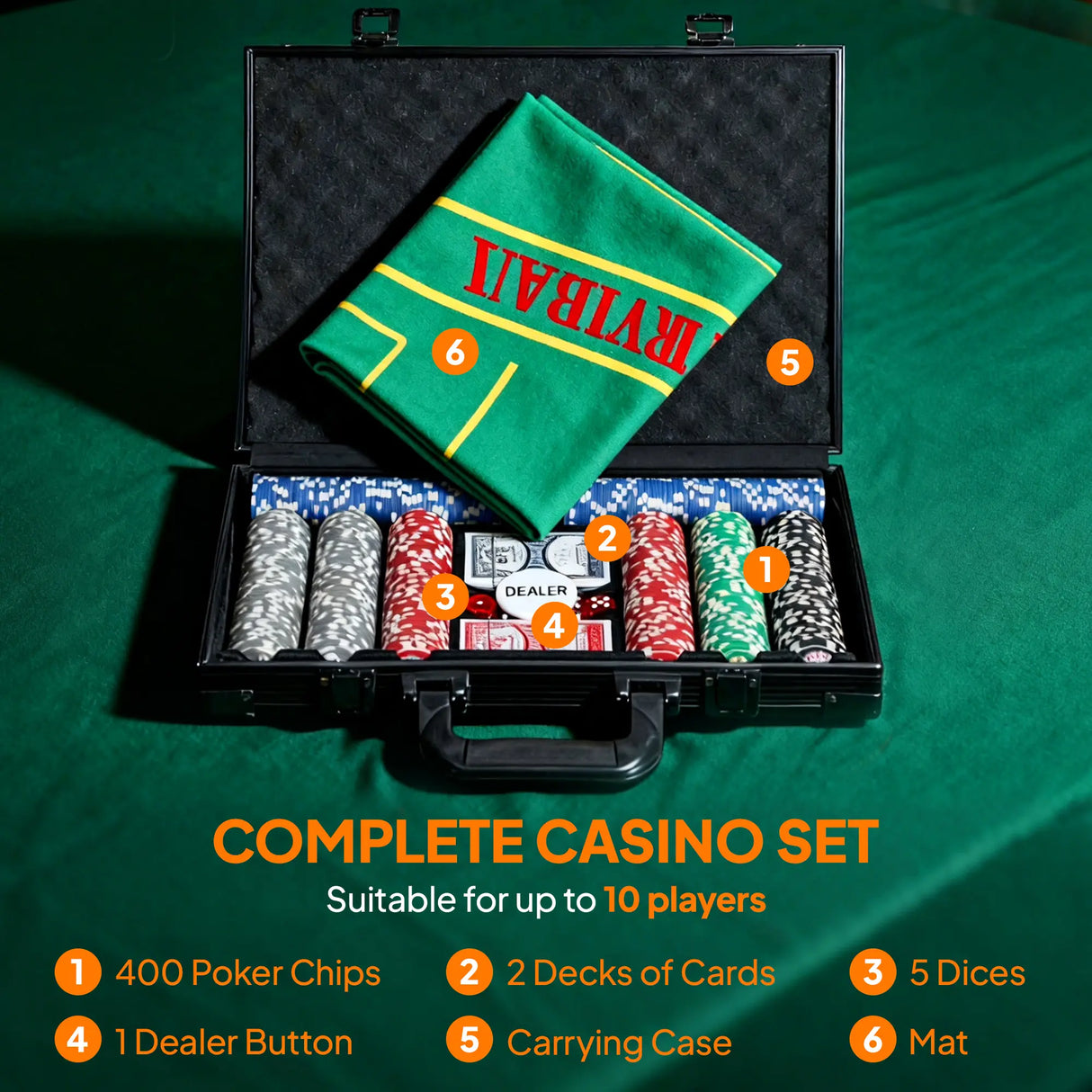 SPORTNOW 400-Piece Poker Chips Set with Lightweight ABS Case, Casino Texas Holdem Poker Set with Mat, 11.5g Numbered Poker Chips, Two Decks of Cards, Dealer, Five Dices, Grey