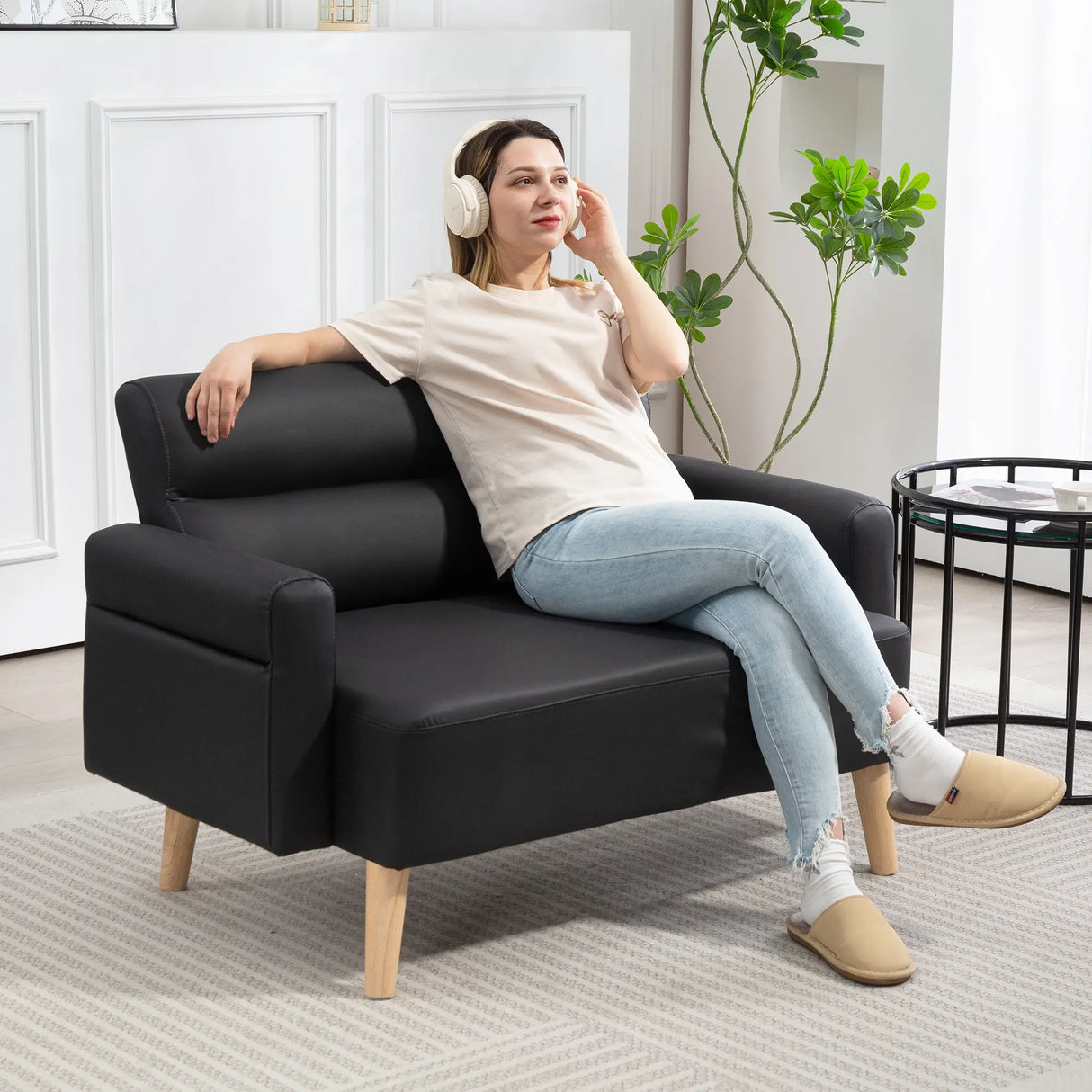 HOMCOM Small Faux Leather 2 Seater Sofa Settee - Black
