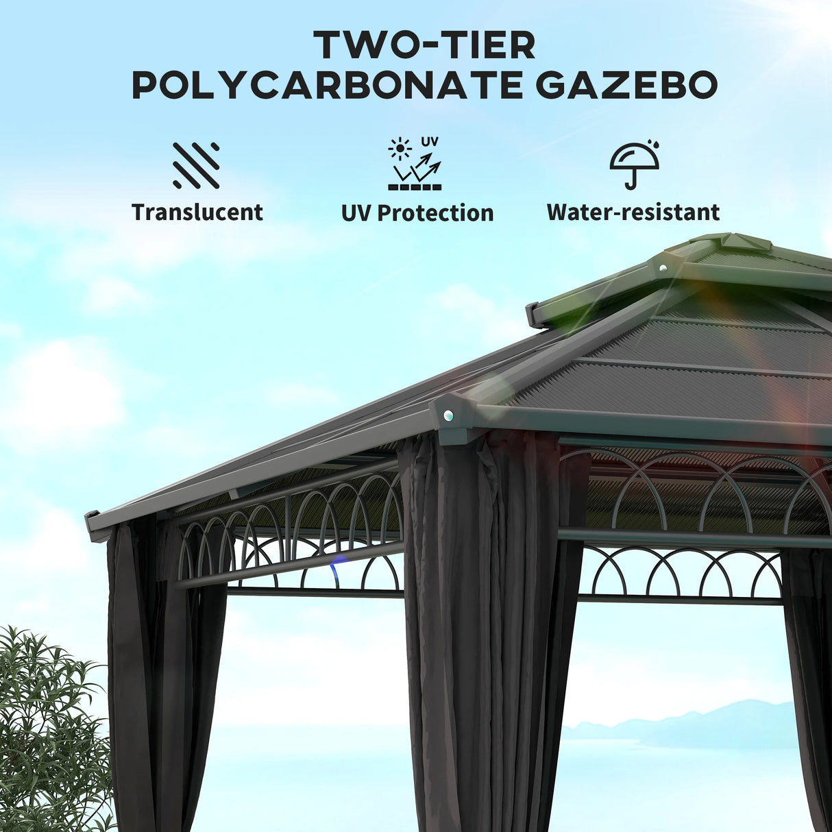 Outsunny 3 x 3 (m) Outdoor Polycarbonate Gazebo, Double Roof Hard Top Gazebo with Galvanised Steel Frame, Nettings & Curtains for Garden, Lawn, Patio and Deck, Dark Grey