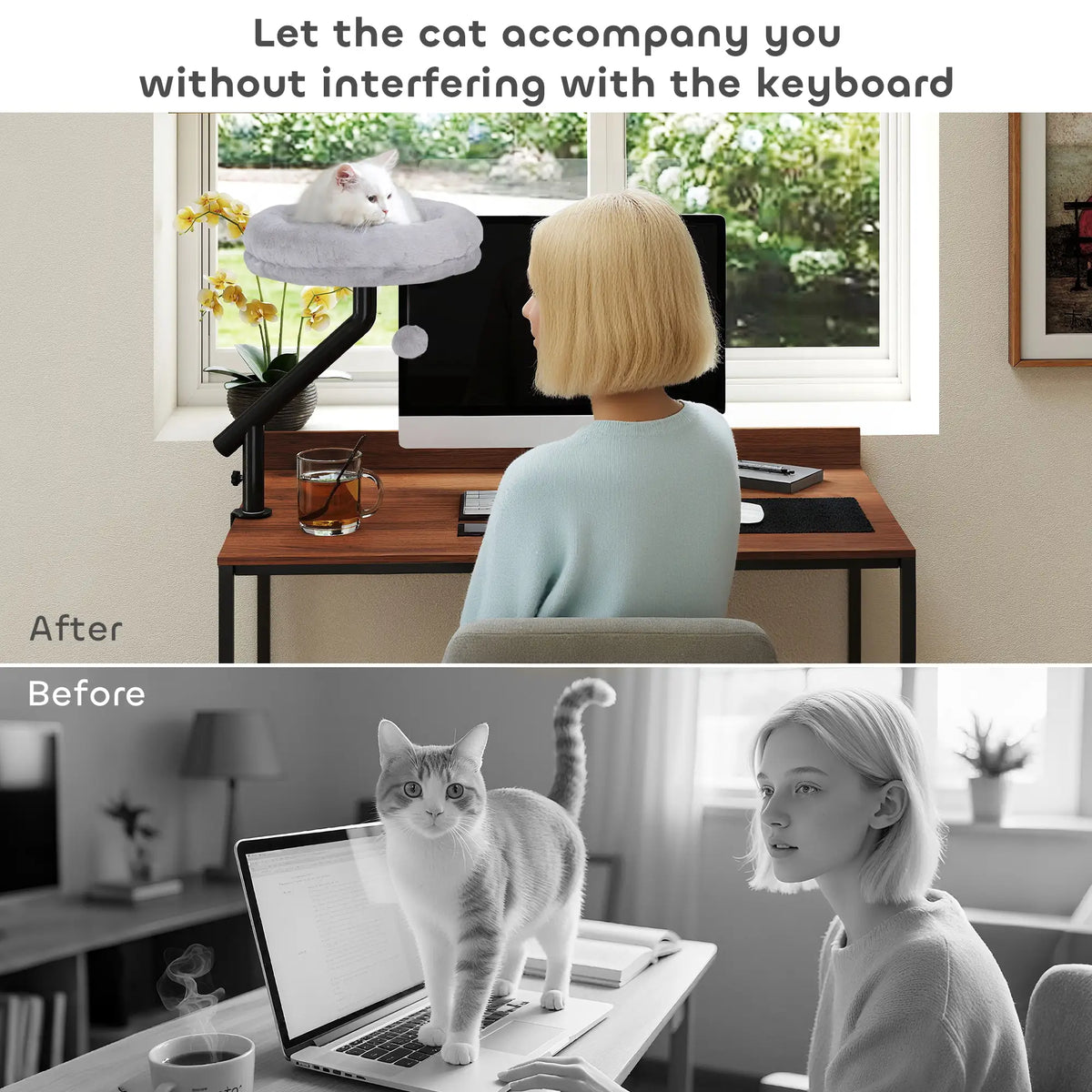 PawHut Cat Desk Bed, Cat Hammock 360 Rotatable Adjustable for Window, Table, Work, Grey