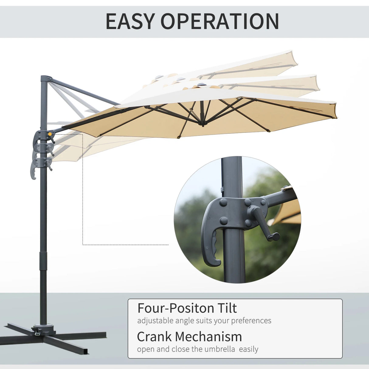 Outsunny Round Umbrella Parasol W/ Tilt 360 Rotation and Hand Crank Cross Base-Beige
