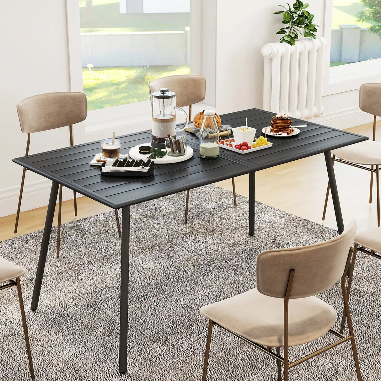 Outsunny Rectangle Garden Table with Slat Top, Steel Frame, Outdoor Table for 6 Person, 150 x 80 x 74 cm, Black