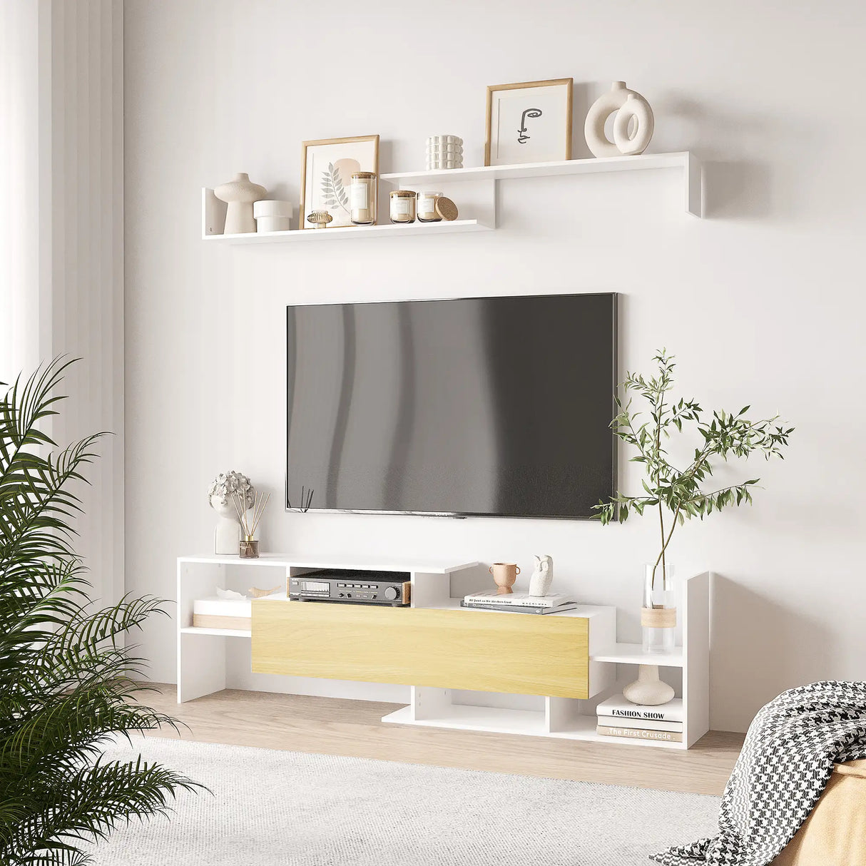HOMCOM TV Cabinet with Wall Shelf for Wall-Mounted 65" TVs or Standing 40" TVs - White and Natural