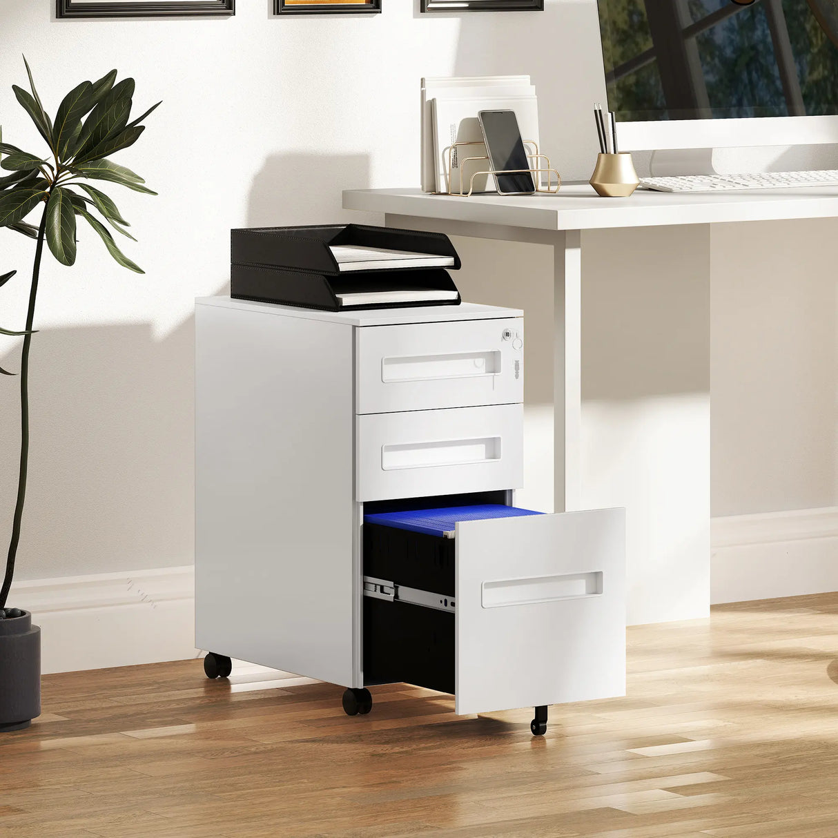 Vinsetto Three-Drawer Steel Filing Cabinet - White
