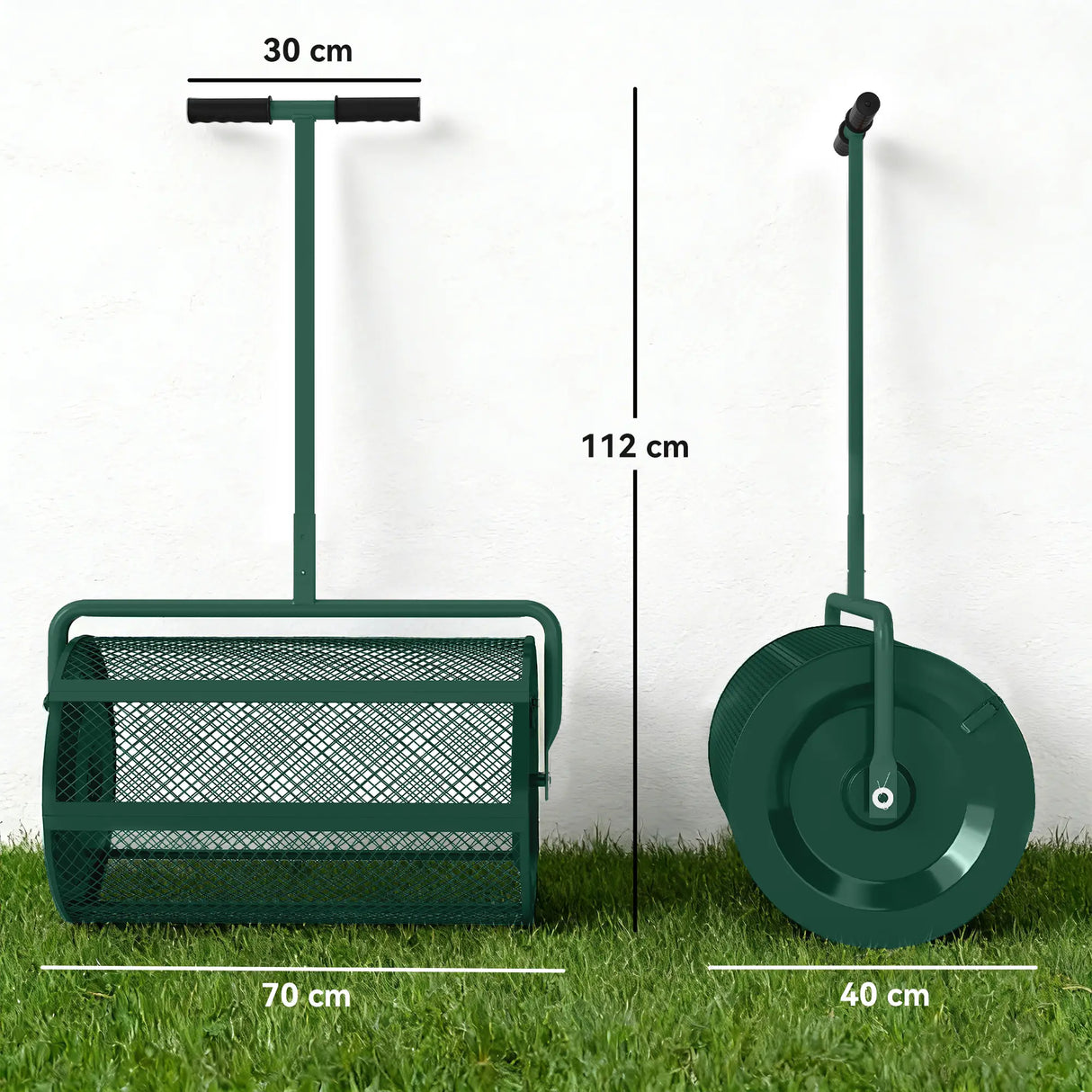 Outsunny Compost Spreader, 24" Peat Moss Spreader with Height Adjustable T Shaped Handle and Metal Mesh Basket, Garden Spreader for Seeding, Spreading Manure, Green