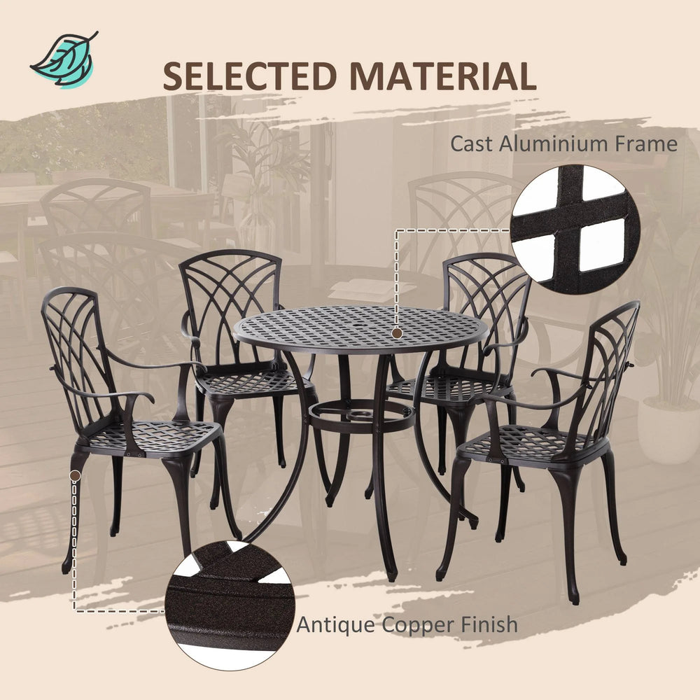 Outsunny 5 Pieces Garden Dining Set for 4, Cast Aluminium Outdoor Dining Set with 4 Armchairs and Round Dining Table with Parasol Hole, Garden Furniture Set, Brown