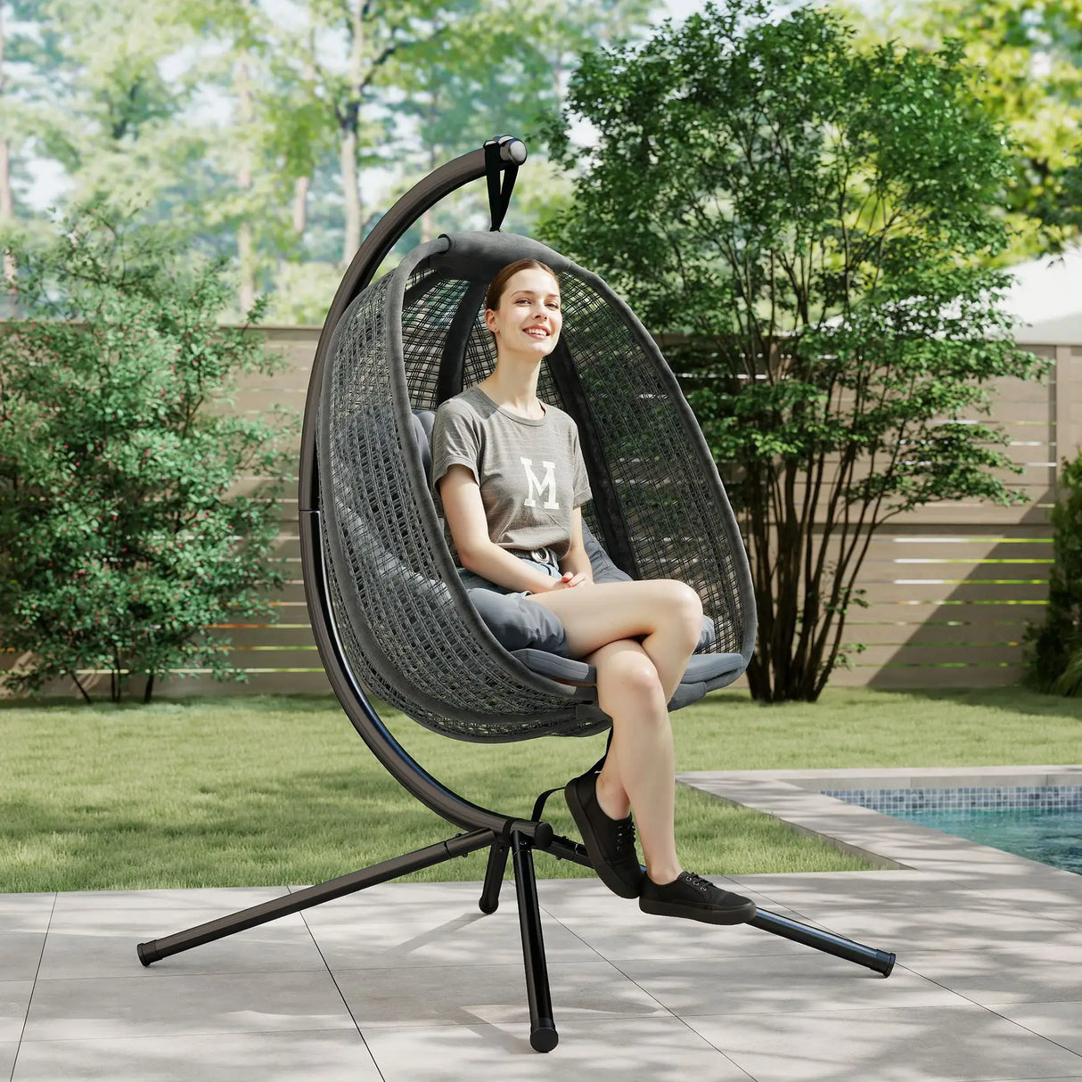 Outsunny Outdoor Swing Chair with Thick Padded Cushion, Patio Hanging Chair with Metal Stand, Egg Chair with Foldable Basket, Cup Holder, for Indoor and Outdoor, Dark Grey