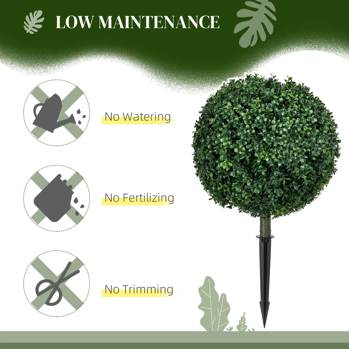 HOMCOM Artificial Boxwood Trees w/ Ground Stake, Set of 2 Ball Shaped Topiary Trees for Home Office & Living Room, UV Resistant