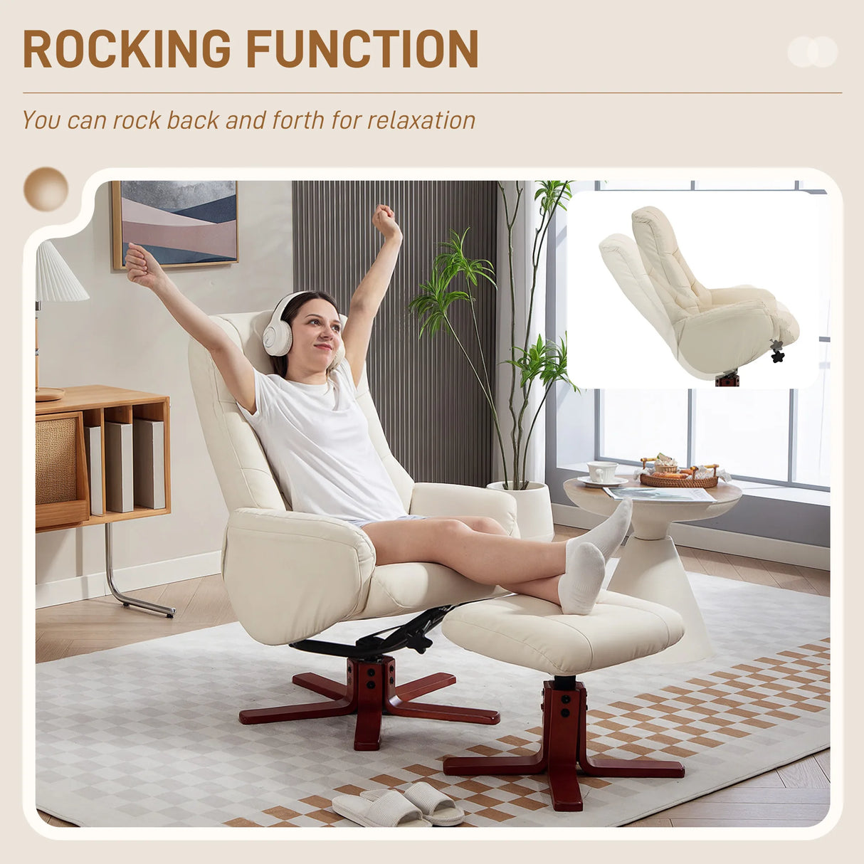 HOMCOM Rocking Recliner Chair with Footstool, PU Leather Recliner Armchair with Wood Base, Upholstered Reclining Chair for Living Room Bedroom, Cream