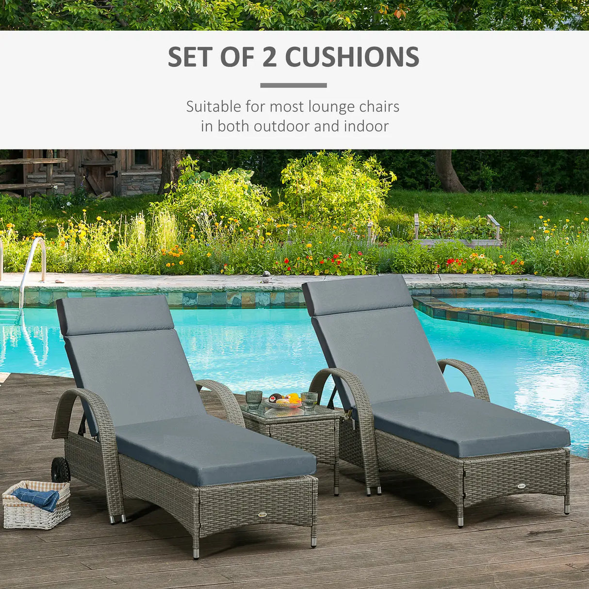 Outsunny Set of 2 Sun Lounger Cushions, Replacement Cushions for Rattan Furniture with Ties, 196 x 55 cm, Cushion ONLY, Dark Grey