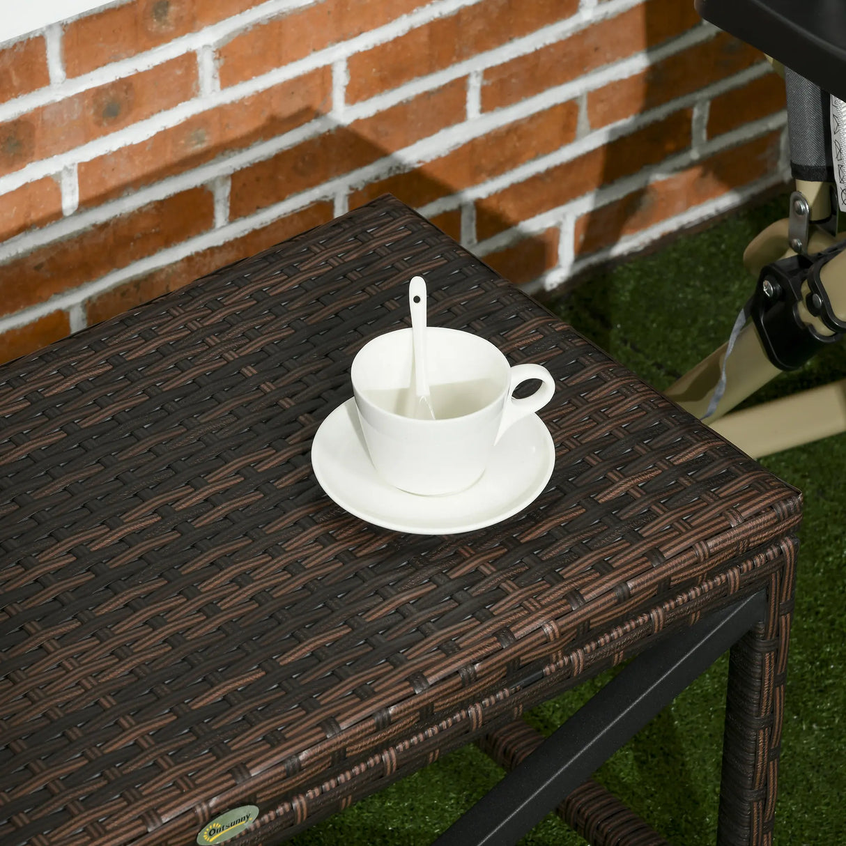 Outsunny PE Rattan Garden Side Table, Outdoor Coffee Table with X-Shape Frame, Mixed Brown