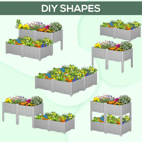 Outsunny Set of 4 26L Garden Raised Bed Elevated Patio Flower Plant Planter Box PP Vegetables Planting Container, Grey