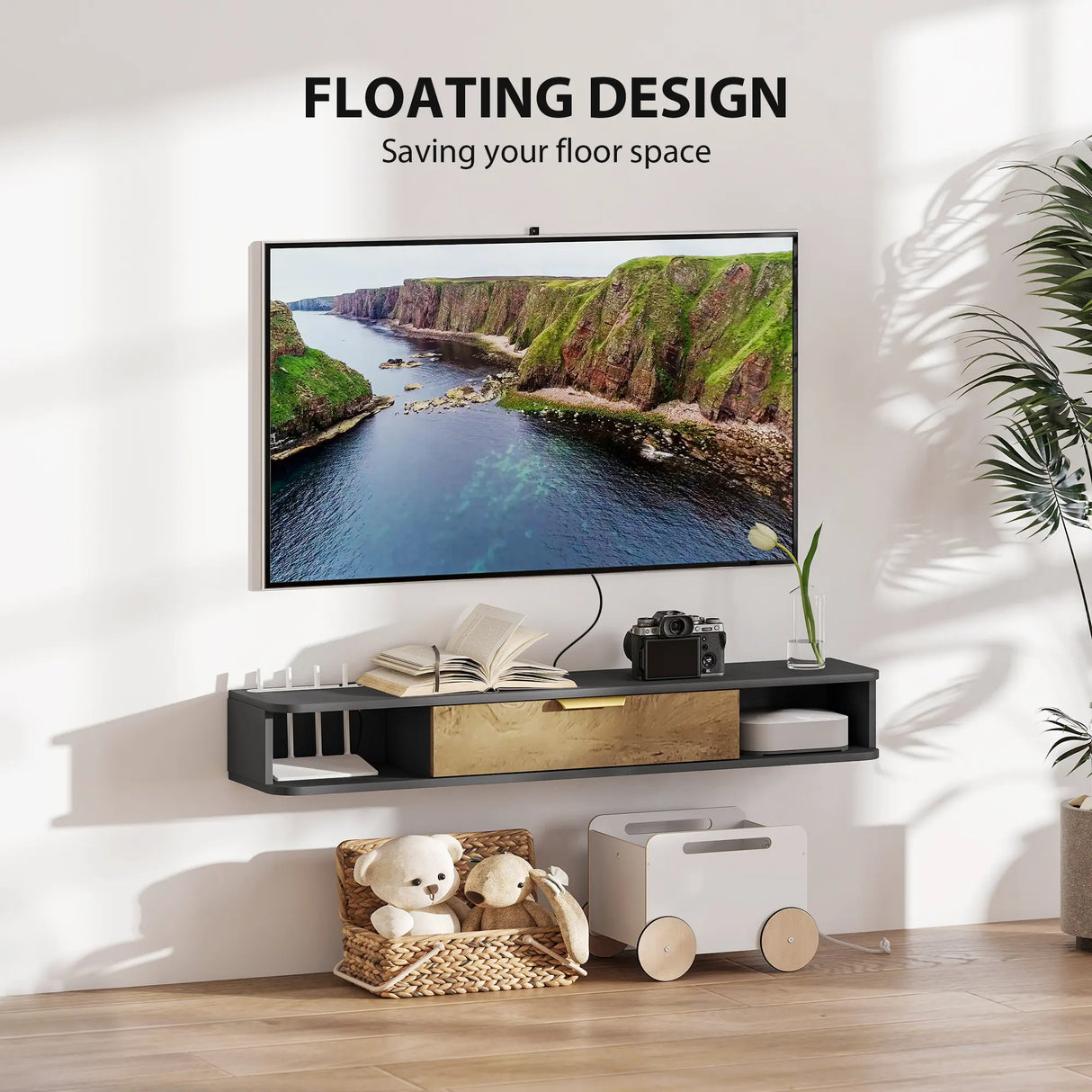 HOMCOM 120 cm Floating TV Stand with Storage - Charcoal Grey