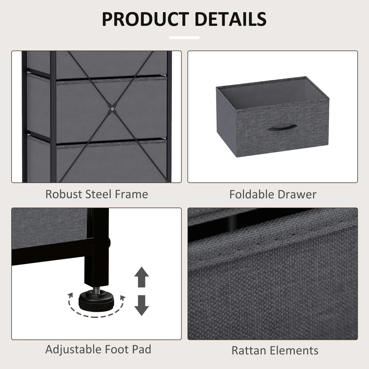 HOMCOM Fabric Chest of Drawers, Industrial Bedroom Dresser with 5 Fabric Drawers, Steel Frame and Wooden Top for Nursery, Living Room, Hallway, Dark Grey