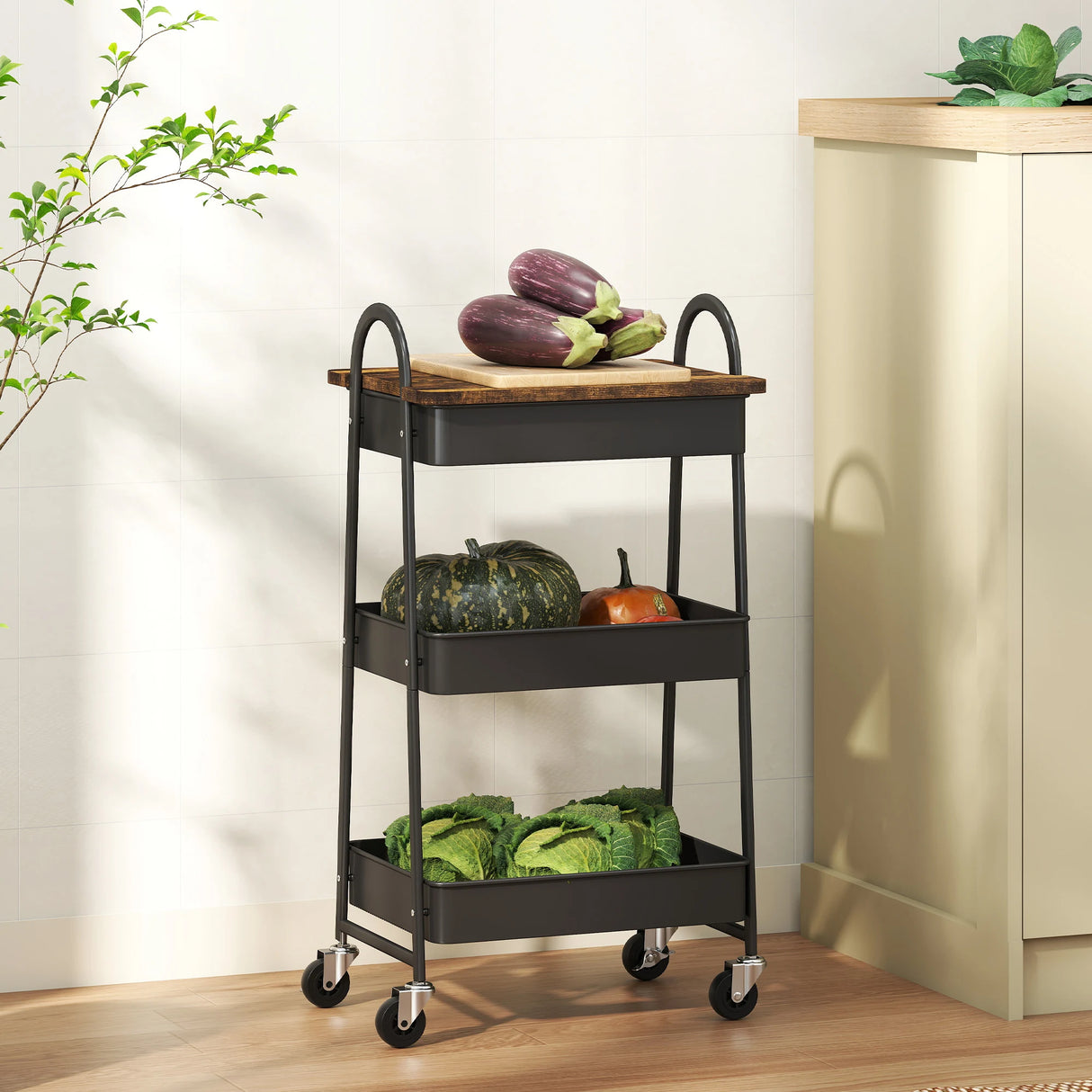 HOMCOM 3-Tier Kitchen Storage Trolley with on Wheels Cover Top Board - Rustic Brown and Black