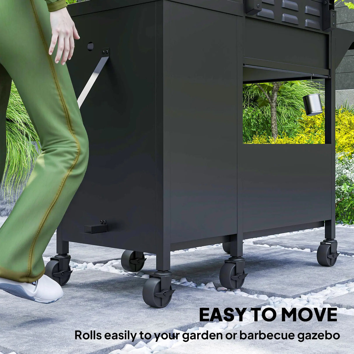 Outsunny 3+1 Burner Gas BBQ Grill with Storage Cabinet and Shelves, 9.5 kW Gas Barbecue Trolley with 6 Castor Wheels, Warming Rack, Thermometer for Outdoor Cooking Garden Party, Black