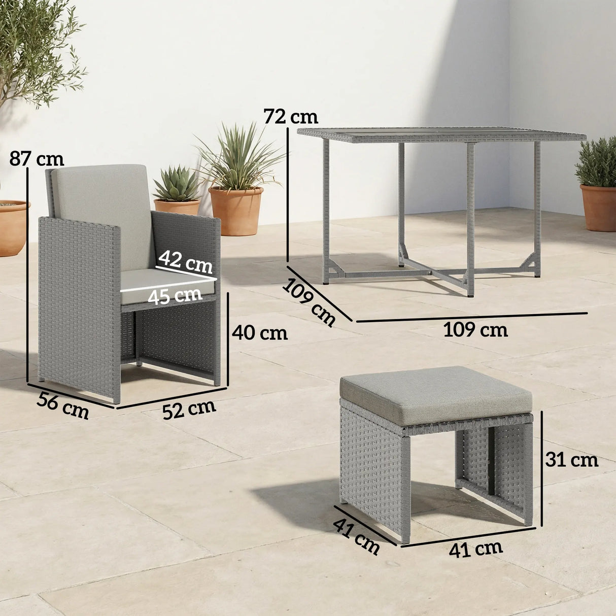Outsunny 9 Piece Rattan Cube Garden Furniture Dining Set with Armchairs, Footstools and Glass-Top Table, Light Grey
