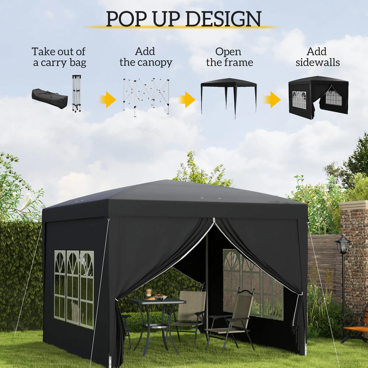Outsunny 3 x 3(m) Pop Up Gazebo, Water and UV Resistant Party Tent Camping Canopy Marquee with Carry Bag, Black