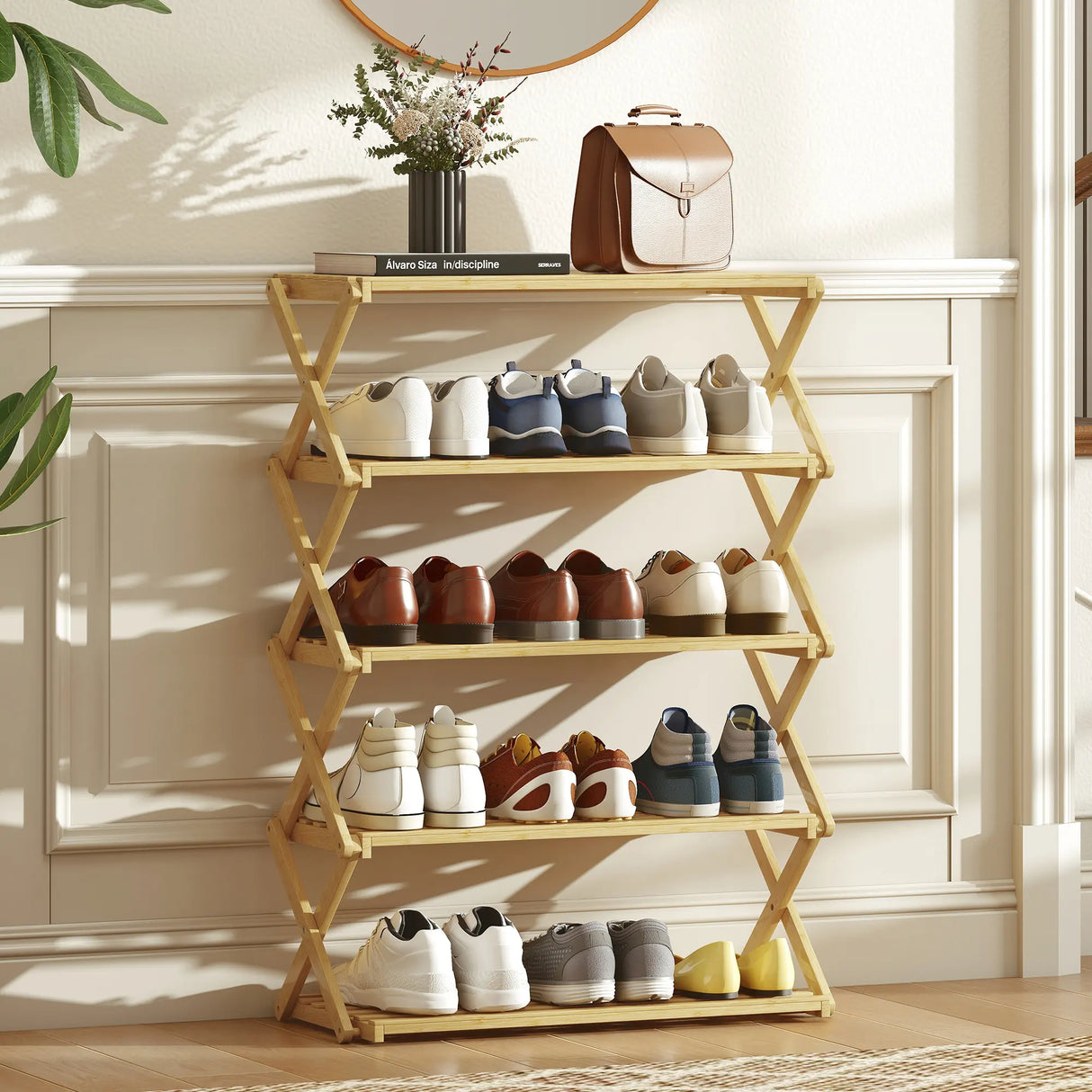 HOMCOM Five-Tier Folding Bamboo Shoe Rack - Natural Finish