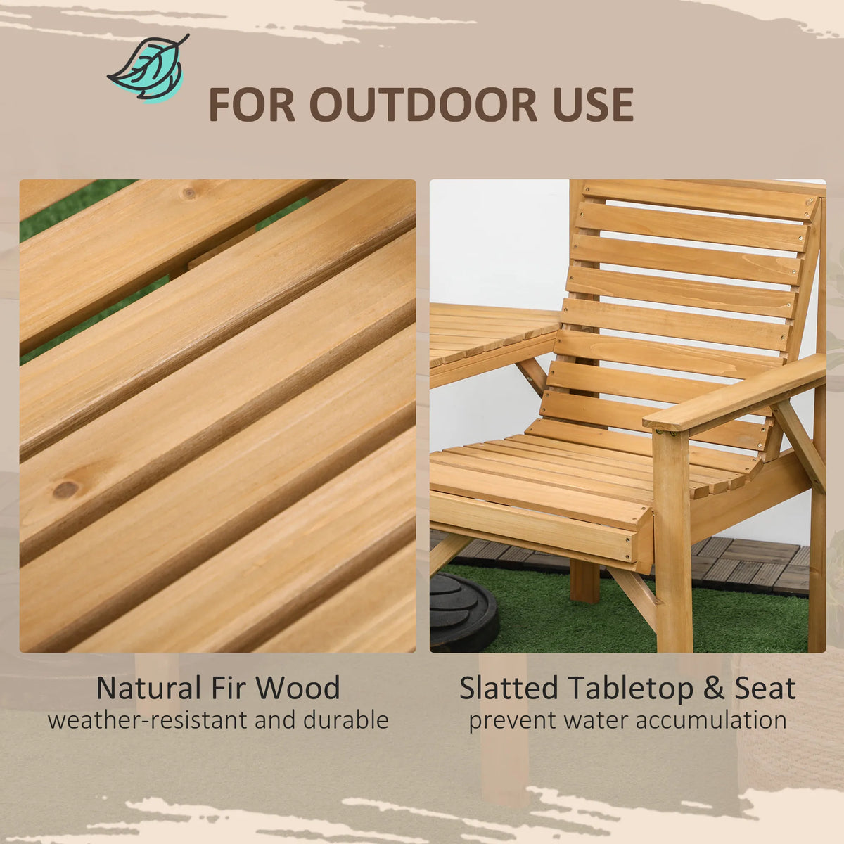 Outsunny Wooden Garden Love Seat, 2 Seater Jack & Jill Companion Seat with Coffee Table and Parasol Hole, Partner Bench, Table and Chairs Set, Outdoor Furniture for Garden, Balcony, Patio, Brown