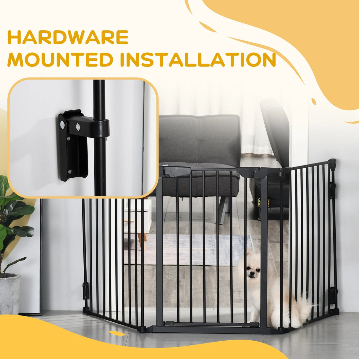PawHut Pet Safety Gate, 3 Panels Playpen Fireplace, Foldable Metal Fence, Stair Barrier, Room Divider, Fire Guard w/ Automatic Closing Door, Black
