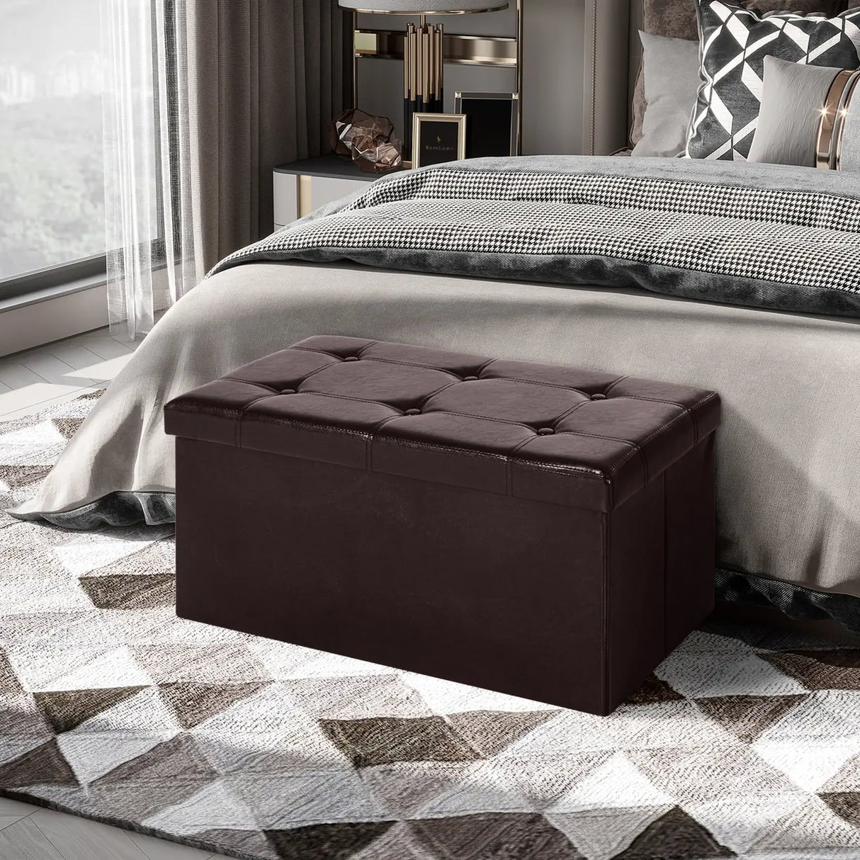 HOMCOM Folding Faux Leather Storage Cube Ottoman Bench Seat PU Rectangular Footrest Stool Box (Brown)