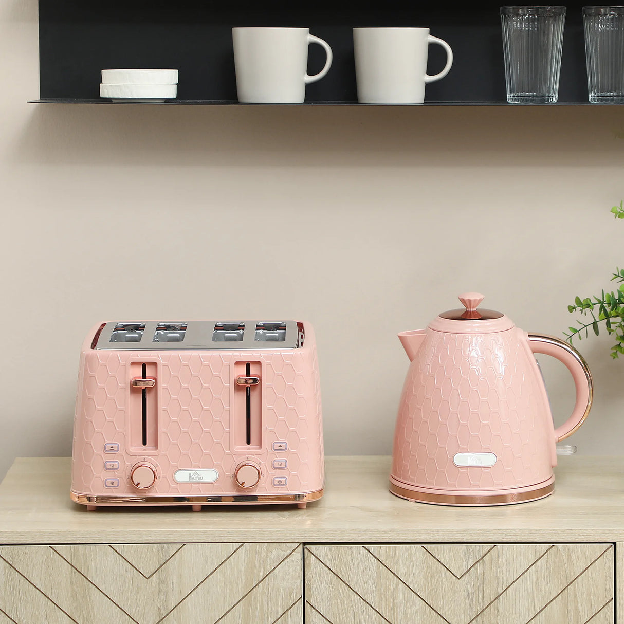 HOMCOM Kettle and Toaster Set, 1.7L 3000W Fast Boil Jug Kettle, 4 Slice Toaster with 7 Level Browning Controls, Light Pink