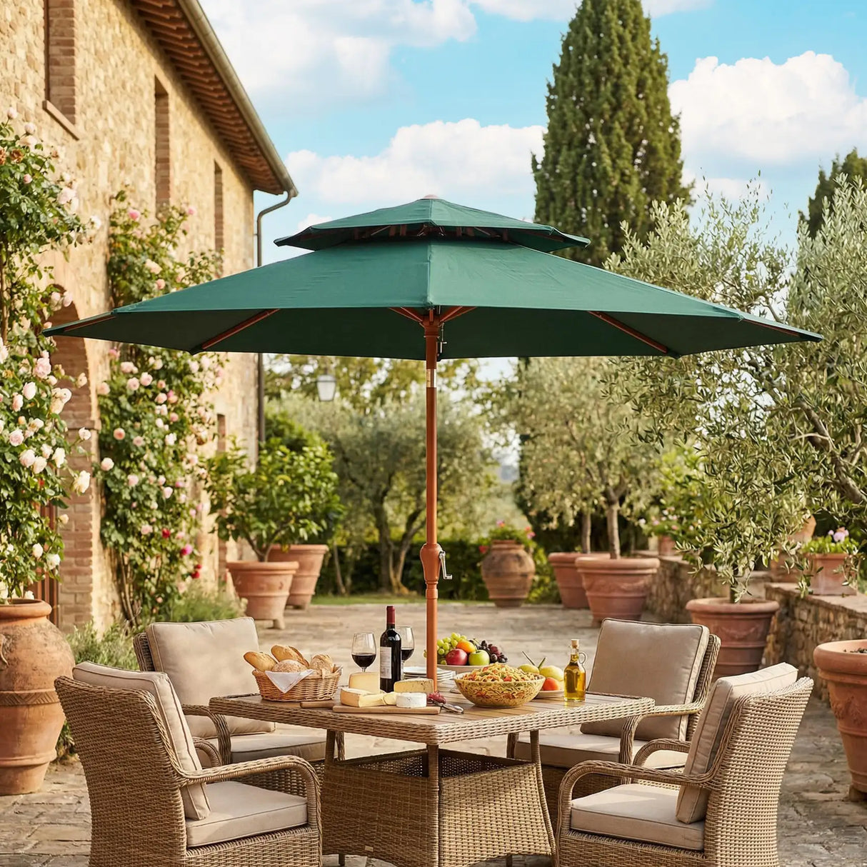 Outsunny 2.7 m Garden Parasol with Double Top Outdoor Market Table Umbrella with Crank System, Green