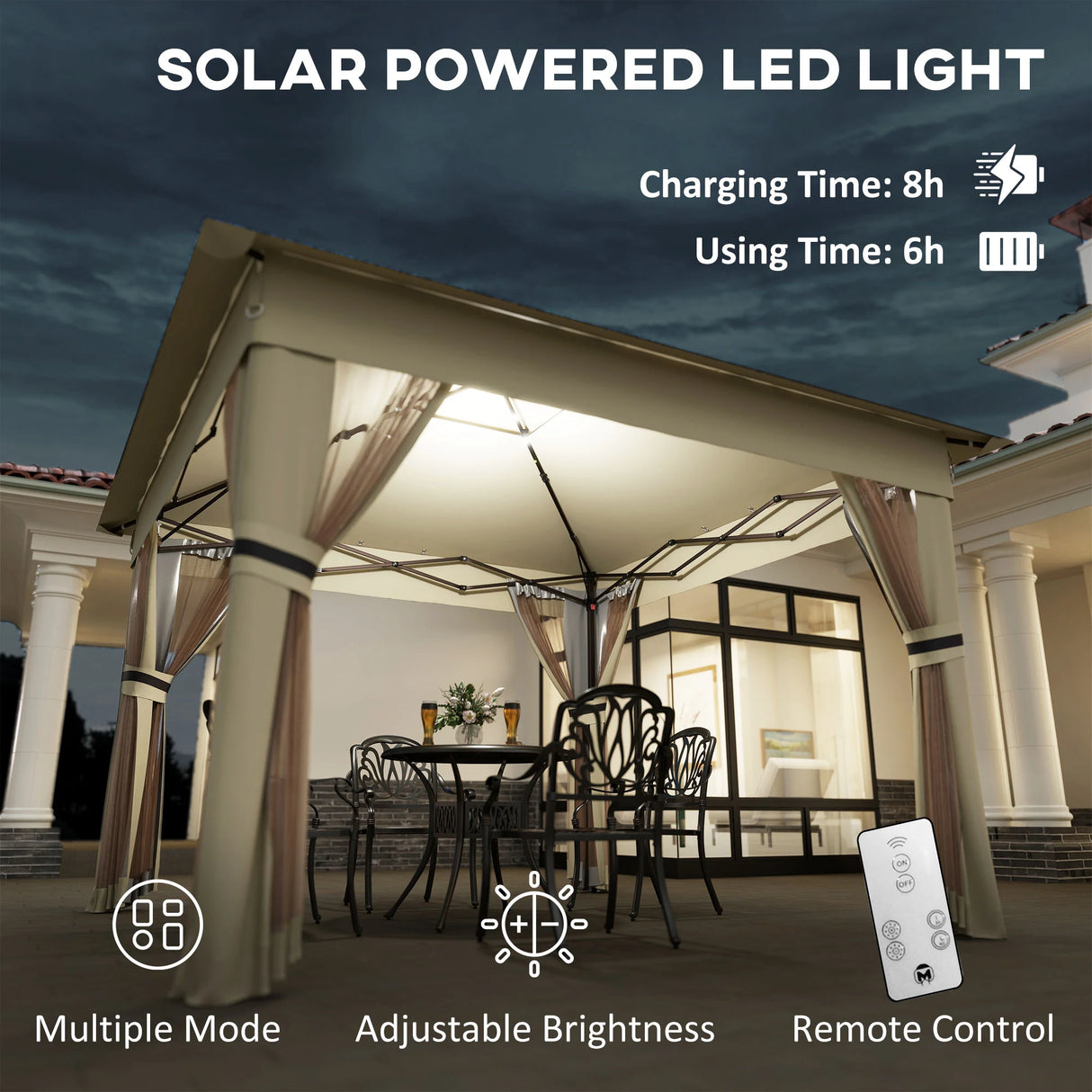 Outsunny 3 x 3 Sturdy Pop Up Gazebo with Solar-Powered LED Lights, Adjustable for Outdoor Events, Khaki