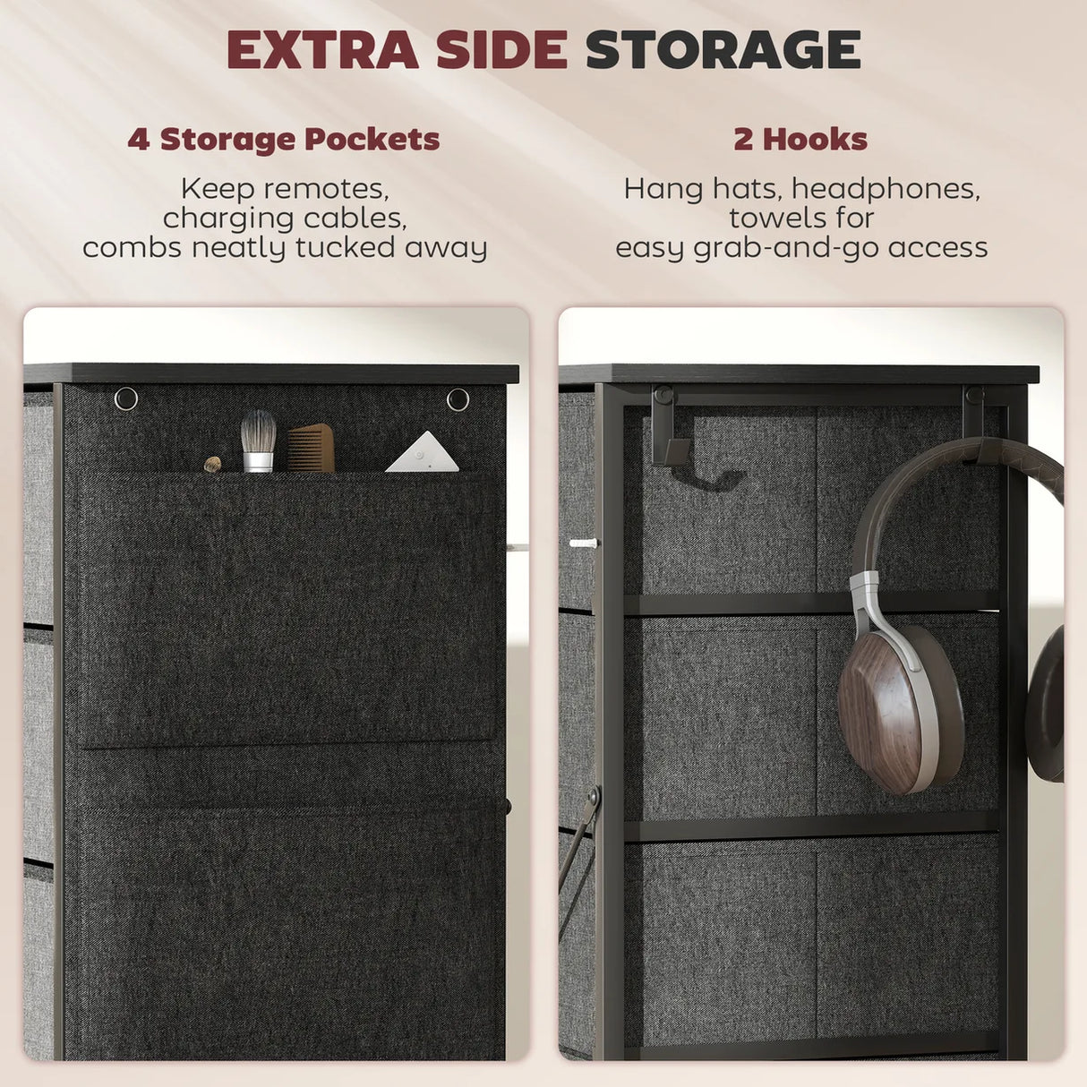 HOMCOM Chest of Five Fabric Drawers - Charcoal Grey