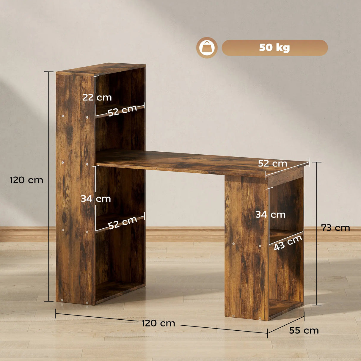 HOMCOM 120cm Computer Desk, Wooden PC Laptop Table with 6-Tier Storage Bookshelves, Home Office Working Study Desk, Writing Workstation, Rustic Brown Wood-Effect