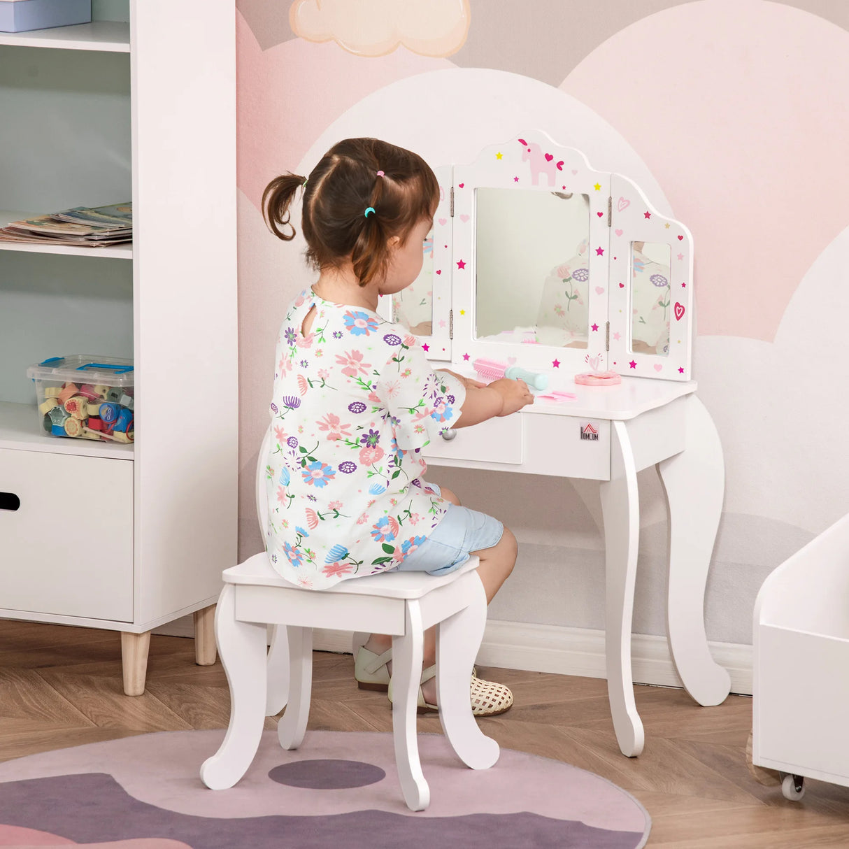 HOMCOM Kids Vanity Table and Chair Set with Tri-Folding Mirror and Stool, Makeup Dressing Table with Drawer, White