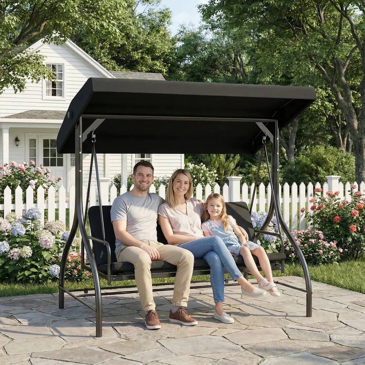 Outsunny 3 Seater Canopy Swing Chair, 2 in 1 Garden Swing Seat Bed, with Adjustable Canopy and Metal Frame, Black