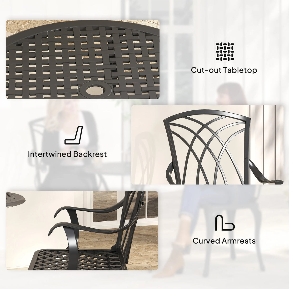 Outsunny 3 Pieces Garden Dining Set for 2, Cast Aluminium Outdoor Dining Set with 2 Armchairs and Round Dining Table with Parasol Hole, Garden Furniture Set, Brown