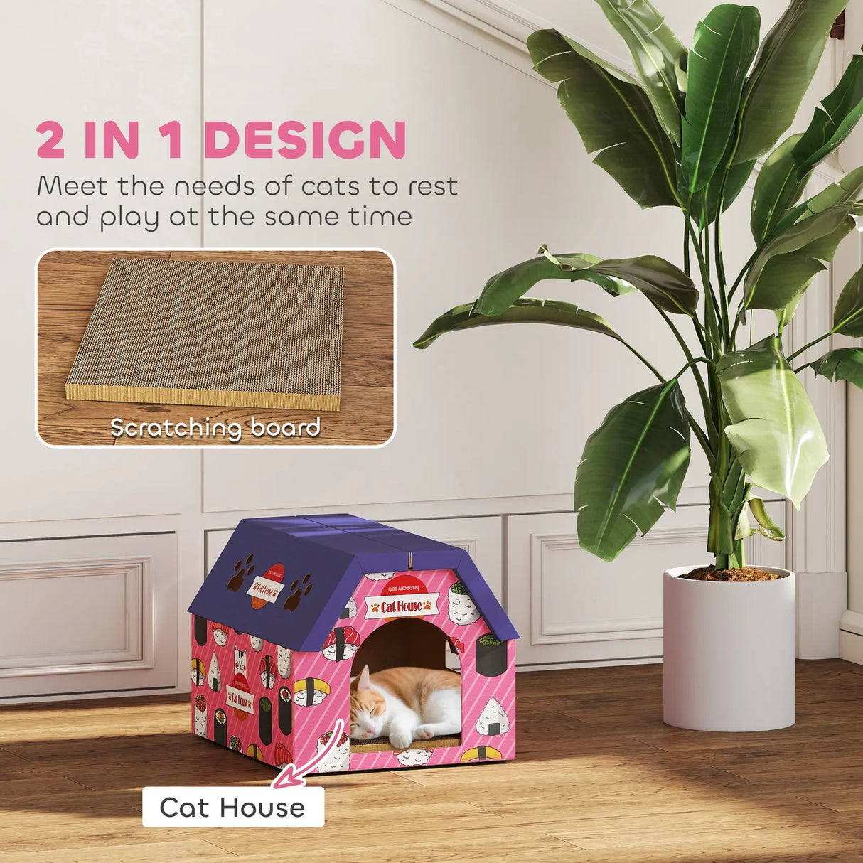 PawHut Cat Scratching Board, 2-in-1 Cardboard Cat House and Hideaway for Indoor Cats, Pink