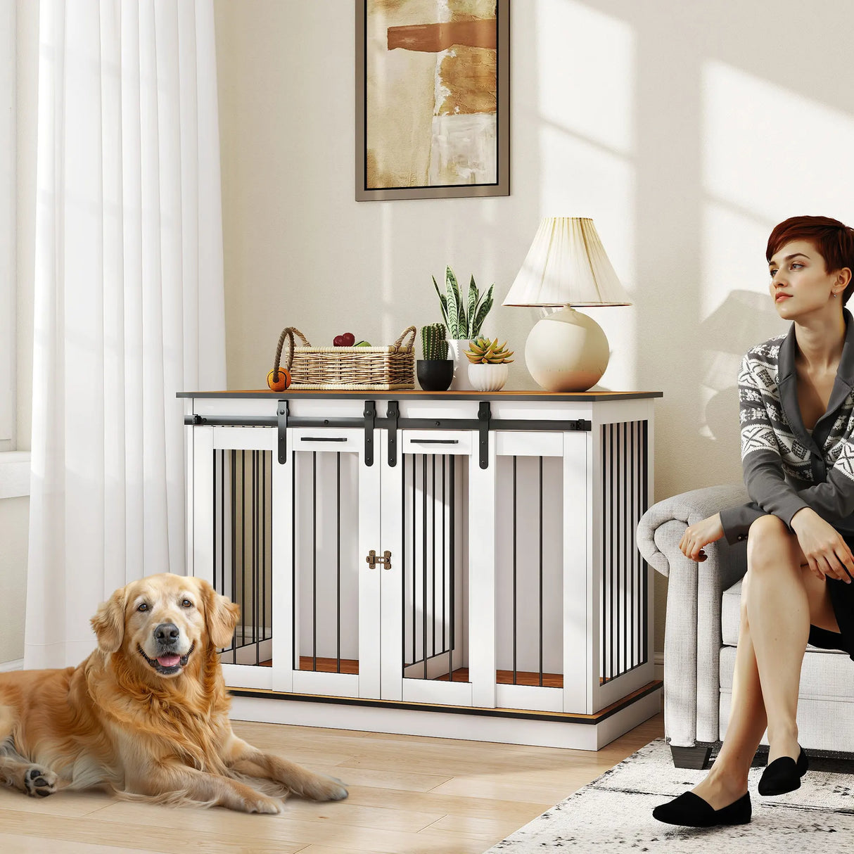 PawHut Dog Crate Furniture for Large Dogs, Double Dog Cage for Small Dogs