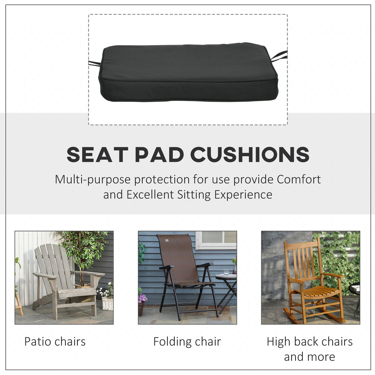 Outsunny Set of 6 Chair Cushion Seat Pads Dining Chair w/ Straps Indoor Outdoor Removable Tie On Garden Patio, Black