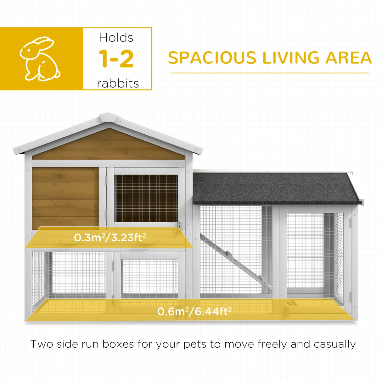 PawHut Wooden Rabbit Hutch Outdoor, Double Tier with Water-Resistant Roof, Ramp 147 x 54 x 84 cm, Yellow
