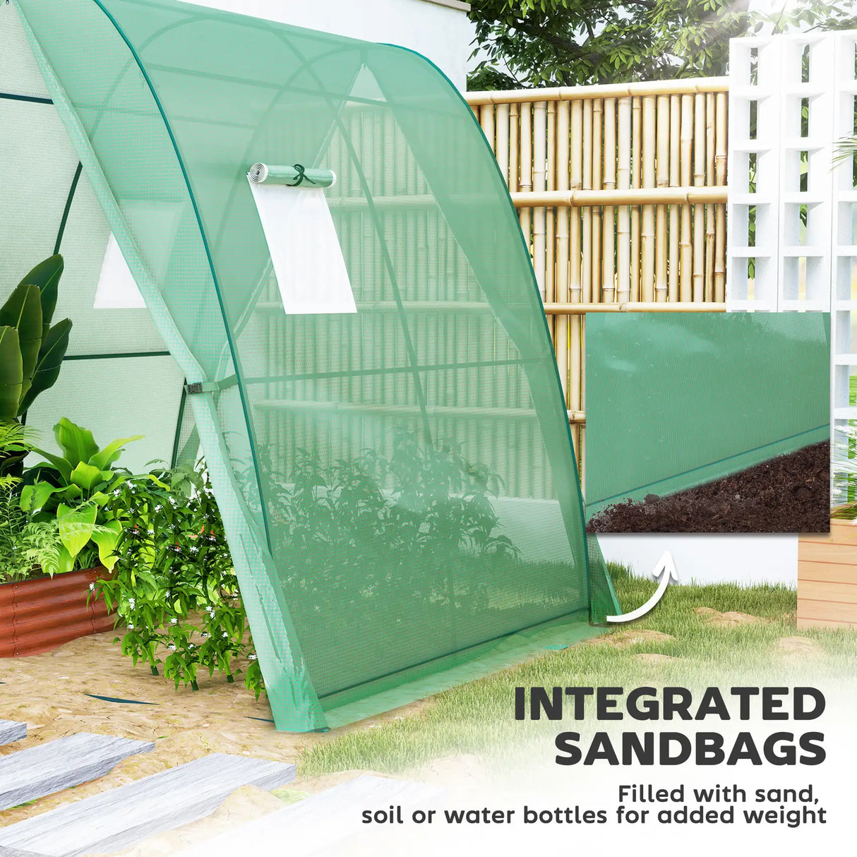 Outsunny Hoop House Greenhouse with Sandbags, Walk-In Tunnel Green House with 2 Doors and Screen Windows, 1.8 x 1.8 x 2m, Green