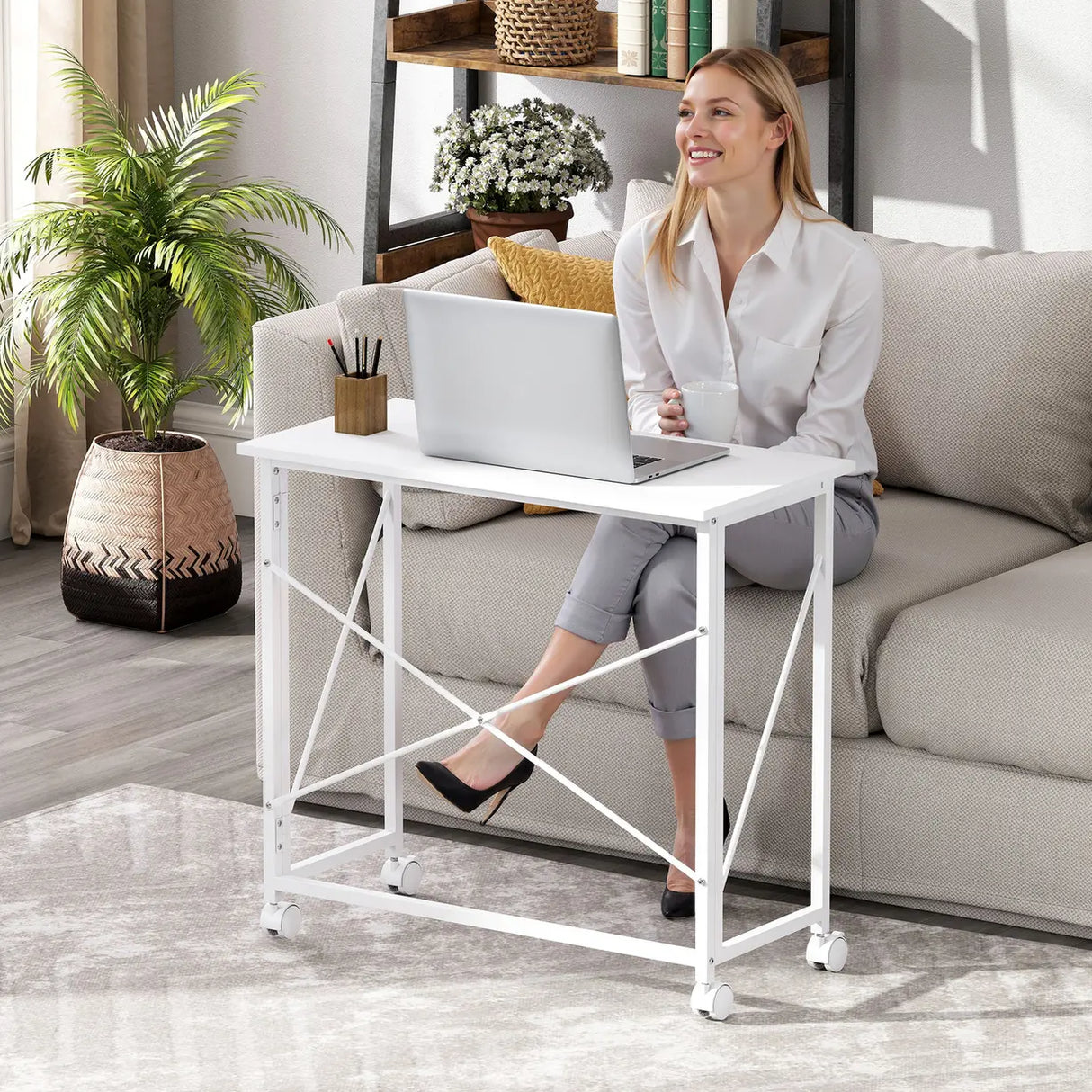 HOMCOM 80 cm Folding Desk on Wheels - White