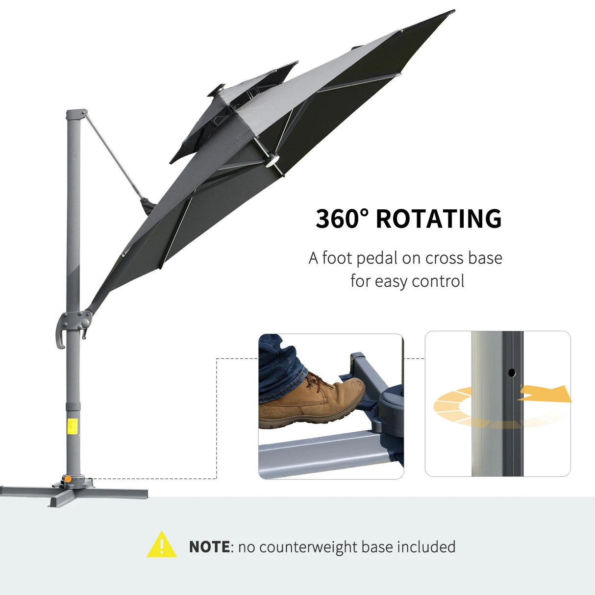 Outsunny 3m Cantilever Parasol w/ Solar Lights Power Bank Base 360 Spin Dark Grey