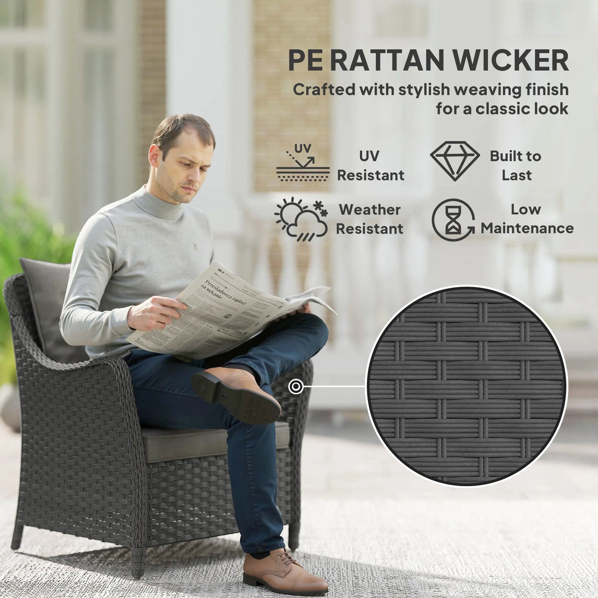 Outsunny Rattan Garden Chairs Set of 2, Outdoor Rattan Chairs with Cushions, Armrests and High Back, PE Wicker Garden Armchair with Steel Frame for Balcony, Porch, Dark Grey