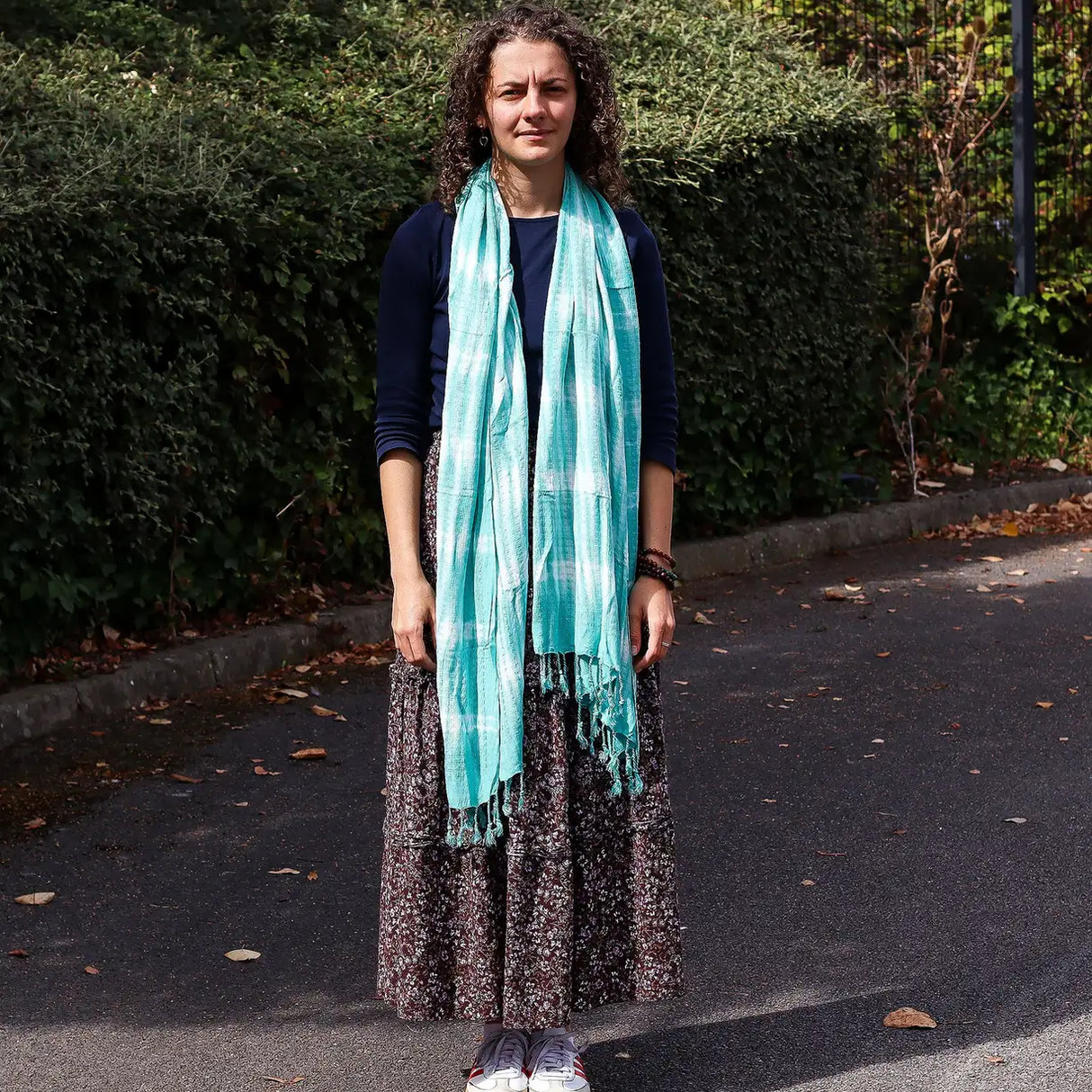 Boho Java Art Stole/Scarf - Teal Stripes & Motiff - 62x200cm