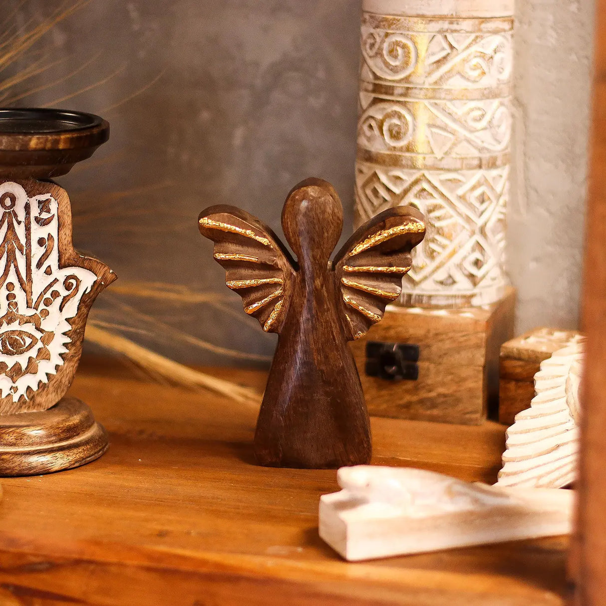 Medium Mango Wood Angel - Gold Decor