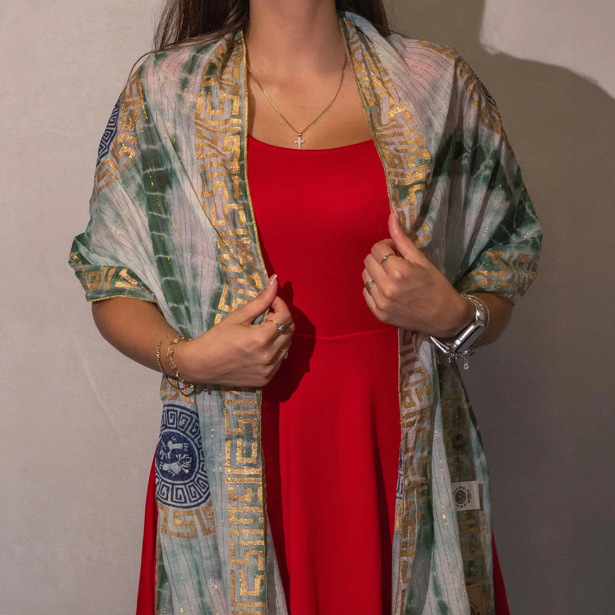 Nomad Sari Summer Marbella Print Scarf - Green with Gold (180x50cm)