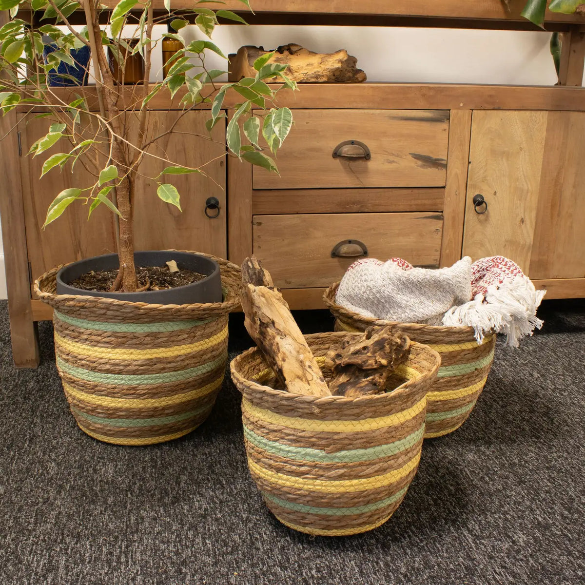 Seagrass & Straw Vase Shaped Baskets - Natural Yellow & Green - Set of 3