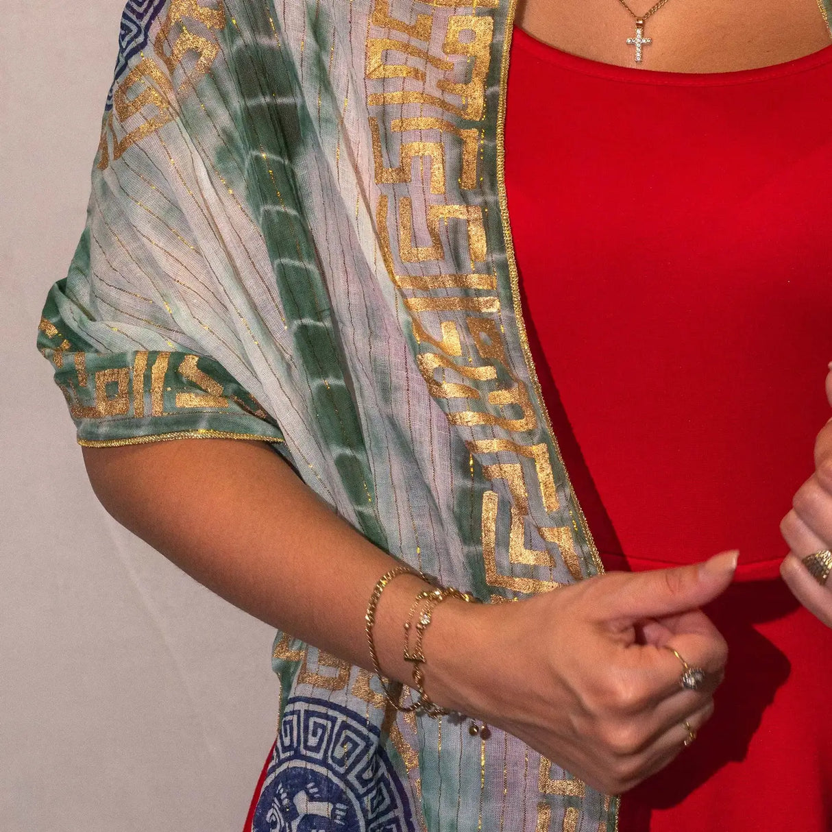 Nomad Sari Summer Marbella Print Scarf - Green with Gold (180x50cm)