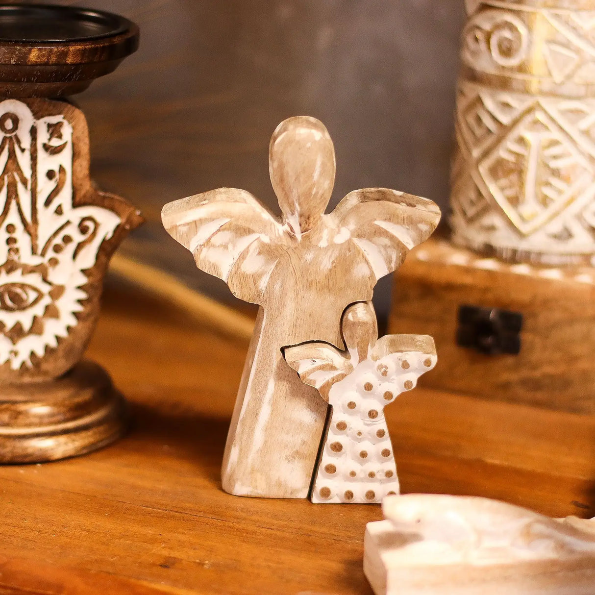 Mango Wood Angel in Angel - Whitewash