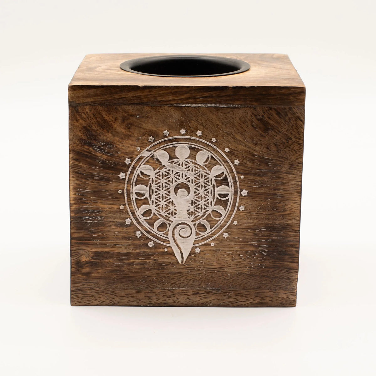 Large Square Mango Wood Oil Burner - Moon Goddess